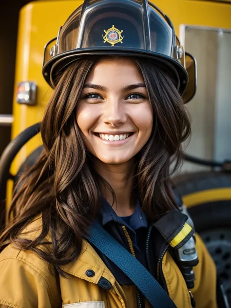 one person woman, firefighter with long vlond hair smiling at the camera.
She is 23 years old.