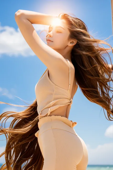 masterpiece, Highest quality, High resolution, Solo Presentation, Girl with long legs, Brown wavy hair that flows down to the shoulders, Slim figure, Her toned legs stretch out gracefully, Long eyelashes frame expressive brown eyes, Sunburned skin, Flowing...