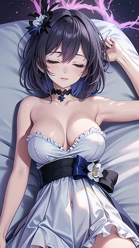 Masterpiece, Beautiful art, professional artist, 8k, Very detailed face, Detailed clothing, detailed fabric, 1 girl, Soul Fullness (Honkai Impact 3rd), View from above, lying on the ground, completely naked, BIG BREASTS, perfectly drawn naked body, sleepin...