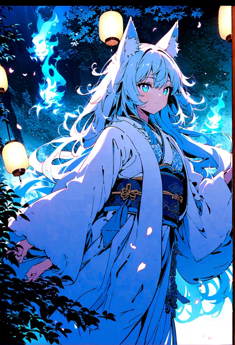 fox Light blue hair 　beast girl　indigo fur　fox beast girl　fox Light blue hair 　beast girl　indigo fur　fox beast girl　Wallpaper 4k,8k,highly detailled,,vivid colors,detailed kitsune with 9 tails,traditional Japanese artwork,tatami floor,beautiful cherry blos...