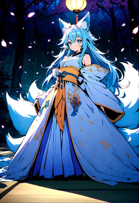 fox Light blue hair 　beast girl　indigo fur　fox beast girl　fox Light blue hair 　beast girl　indigo fur　fox beast girl　Wallpaper 4k,8k,highly detailled,,vivid colors,detailed kitsune with 9 tails,traditional Japanese artwork,tatami floor,beautiful cherry blos...