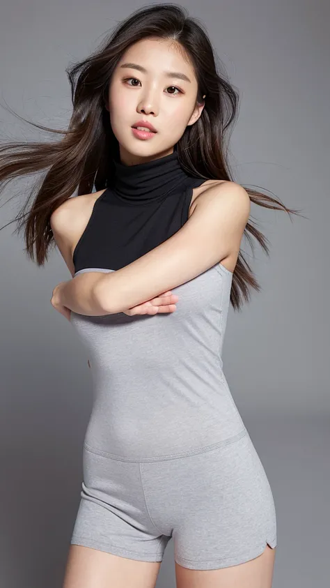 vivid,Normal chest,((between legs)),cute,(Detailed face),A light grey sporty sleeveless turtleneck outfit,Ultra-high resolution,（Photorealistic：1.7）,Black long hair,Gray background,