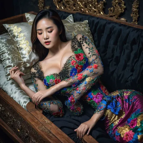 In a striking 8K HDR scene, a stunning Korean woman, 22 years old, lies peacefully in a black coffin surrounded by plush pillows. The deep box is set against a rich black background, accentuating the beauty of the subject. Her exquisite kebaya attire is em...