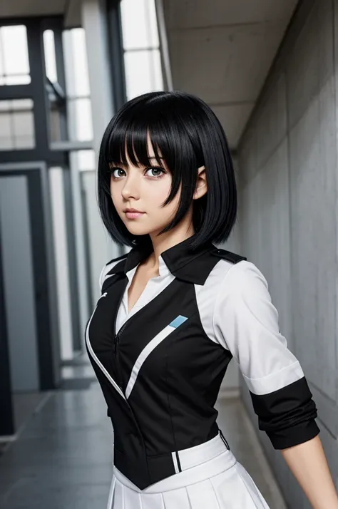 anime girl, short black hair with a white streak. grey eyes. My Hero Academia uniform. 