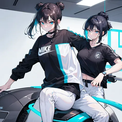 Cool hot girl, fitted body, black hair, dark brown eyes,Cyan and white Nike style sport shirt, sport watch, white pants, hot and cool, 21 years old, ice effects, mangwa, hair bun.