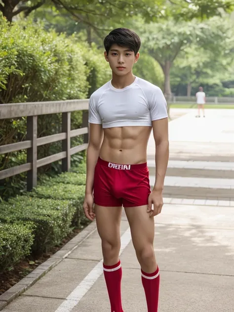 16 years old teenagers , very young , light-skin , wearing an dark red sexy underwear, tmasterpiece，k hd，the feet，Transparent sports vest，semi transparent，black long socks，The barefoot , red colour , handsome and cute , extreme cute boy , white skin , dark...