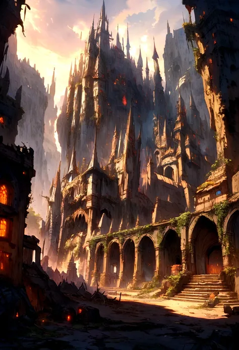 landscape　A mechanized Gothic castle in the center of the screen　Half-destroyed buildings line the surrounding area　Cloudy　Fusion of Gothic and Cyberpunk　Dark fantasy　Concept Art　