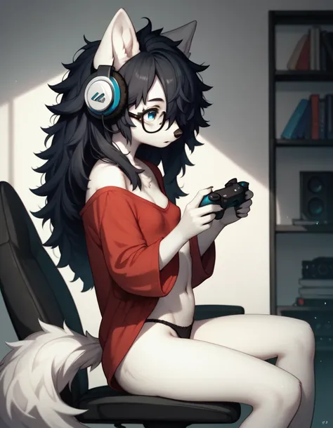 score_9,score_8_up,score_7_up, sierra, a young nerdy Anthro furry wolf woman, white furry body, tall, long black messy hair, hair covering one eye, elegant black glasses, long black hair, blue eyes, small breasts, white wolf tail, wearing oversized red shi...