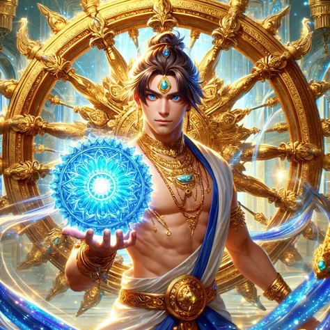 Male, blue eyes, fine gold jewelry. ,  god god , ,realistically ,Fine golden background. 3-D anime.