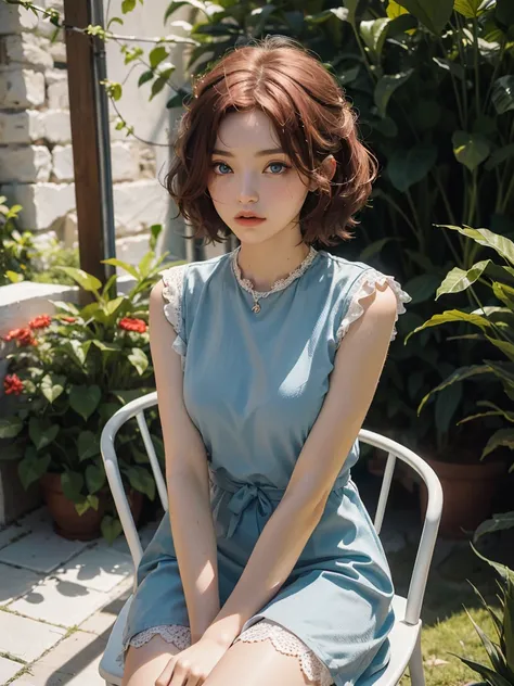 An extremely cute and delicate girl sat on a white marble chair and looked at me. She had messy short red hair, dreamy blue eyes, flawless skin, and was wearing a sleeveless long red dress in a Greek garden,(best quality :1.4),perfect, (masterpiece :1.4),(...