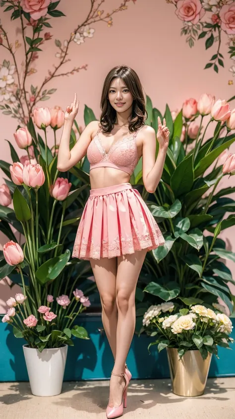 ((masterpiece)),(((Highest quality))),Thin thighs,Long legs,whole body:1.5，(One Girl:1.3),(Thick pointy high heels：1.3),(Wearing a pink lace bra:1.2),Wearing a cute peach-colored flared mini skirt:1.5，Short Blonde:1.2、Standing with legs apart:1.5，Arm raise...