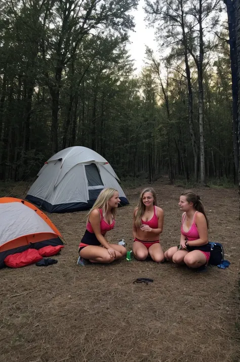 Picture taken with an iPhone. Camping area. Wearing only underwear. Two girls together. One girl is blonde and the other girl is brunette. Around one fire. It’s almost nighttime 