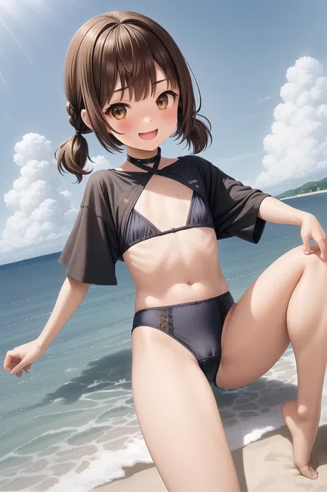 10 years old,Girl,,Flat Chest,Small panties,Small nipples,Highest quality、High resolution、Detailed Background、Beautiful face in every detail、Teenage Beauty、Cute hair colour、Brown Hair、Black Hair、Bobcut、Twin tails、Big smile、boost mood、 Summer sun、Shining Se...