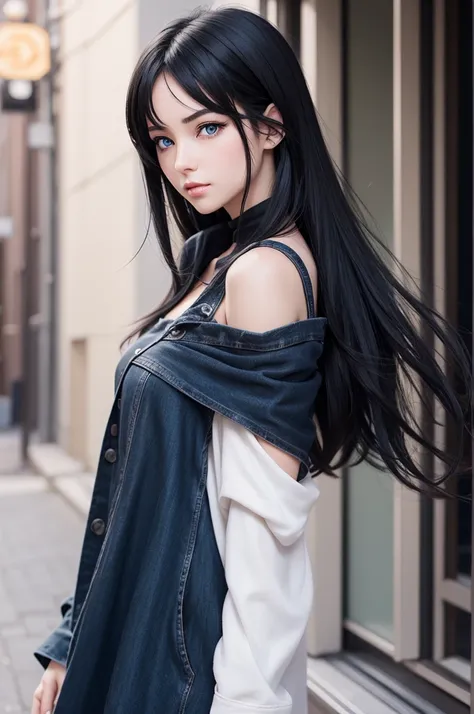 create an image of a woman in 2D anime style with black hair blue eyes and fair skin