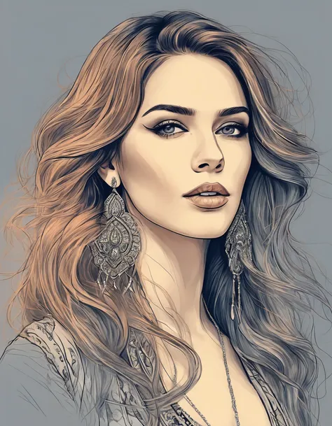 a drawing of a woman with long hair and earrings, detailed beauty portrait, detailed beautiful portrait, realistic digital drawi...