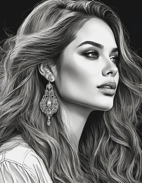 a drawing of a woman with long hair and earrings, detailed beauty portrait, detailed beautiful portrait, realistic digital drawi...