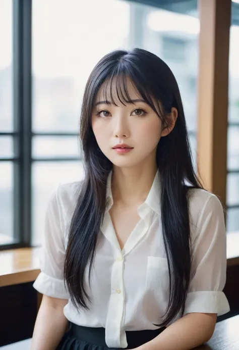 A real Japanese girl in her 20s。Photorealistic portrait of a young Japanese woman、She has long black hair and natural make-up.。Wearing a casual white blouse、Sitting in a modern cafe in Tokyo。The soft light from the window illuminates her.。Limit exposure of...