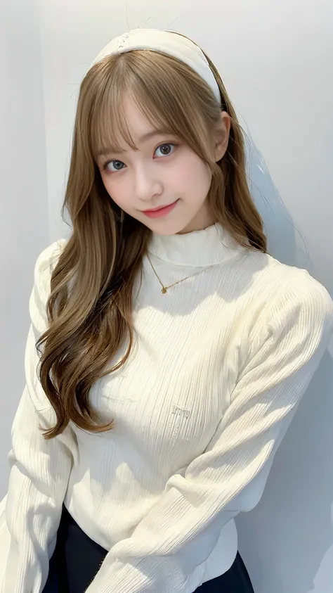 (((White background、Russia、Northern Europe、White people)))、forehead、18-year-old,beautiful girl、Well-formed face、 Long white blonde wavy hair、Beige turtleneck sweater, Puffy nipples、long pleated skirt of dark blue color,,Medium Milk, Cute Smile、(lean forwar...