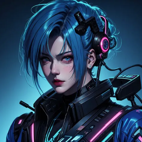 there is a woman with blue hair and a jacket, hyper-realistic cyberpunk style, realistic art style, Retrato ciberpunk, 🤤 portrait of , cyberpunk artstyle, cyberpunk anime digital art, Retrato de RossDraws, garota cyberpunk sonhadora, the cyberpunk portrait...