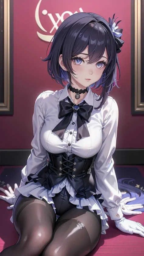  Masterpiece, Beautiful art, professional artist, 8k, Very detailed face, Detailed clothing, detailed fabric, 1 girl, Soul Fullness (Honkai Impact 3rd), front view, sitting on the floor with legs crossed, BIG BREASTS, perfectly drawn body, shy expression, ...