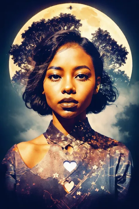 african american girl with hands surrounding a heart-shaped moon on her chest, darken the silhouette, heavenly city and starry n...