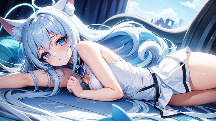 Blue halo cat ears and tail white long hair white blue top white mini skirt