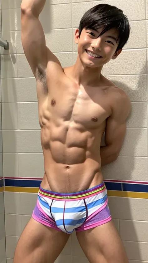 Japanese men、13 years old、Short but with large muscles and smooth skin、Sporty short hair、A friendly, healthy smile、The active pose and bulging muscles give the impression of a youthful look.、Colorful, thin boxer briefs、In a healthy bathroom、Healthy legs sp...