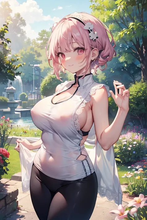 masterpiece、1 female student、(((Missing arm，Bare arms，White vest)))White cloth bun、Shoulder leakage、chubby、Smile、(((Lace、black yoga pants)))pale pink lips、posing at school，（Soaked），legs are open， 独奏,  looking at the audience,  (Thick thighs:1.0),Red eyes, ...