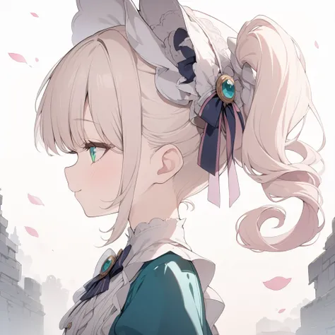 Platinum Blonde hair,curls,((emerald green eyes)),long eyelashes,((light pink victorian dress)),puffy short sleeves,pink frilled dress,((wide brimmed Bonnet with bows)),bustshot,masterpiece,highress,soft smile,bishoujo,peterpan collar,profile,white accents...