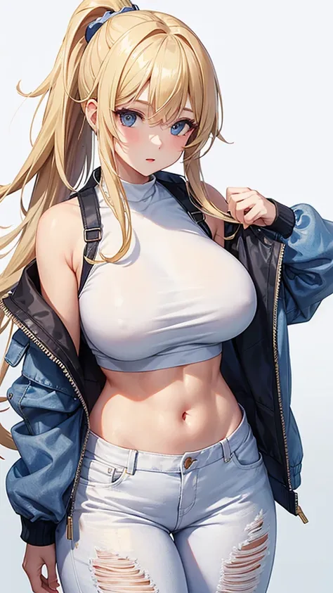 One woman,whole body,Big Breasts,Blonde woman with long ponytail,Open jacket,White crop top,Denim pants