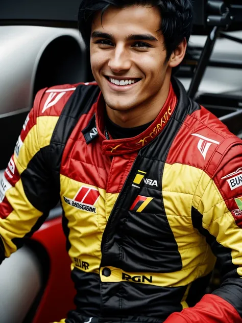 A 24-year-old F1 driver with short black hair and a red streak.
He smiles at the camera and has a green and yellow running suit