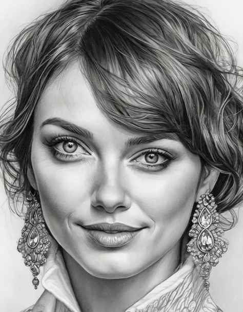 a drawing of a woman with short hair and earrings, detailed beauty portrait, detailed beautiful portrait, realistic pencil drawi...