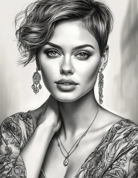 a drawing of a woman with short hair and earrings, detailed beauty portrait, detailed beautiful portrait, realistic pencil drawi...