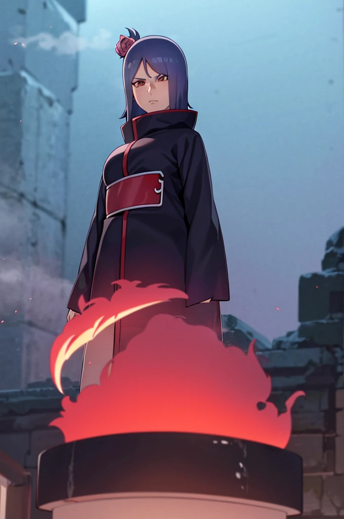 (((akatsuki robe with red clouds))), piercings, looking at the viewer, blue hair, (((standing inside dark room))), night time, busty, large breasts, high quality, 4k