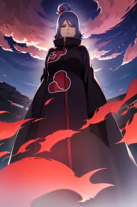 (((akatsuki robe with red clouds))), piercings, looking at the viewer, blue hair, (((standing inside dark room))), night time, busty, large breasts, high quality, 4k