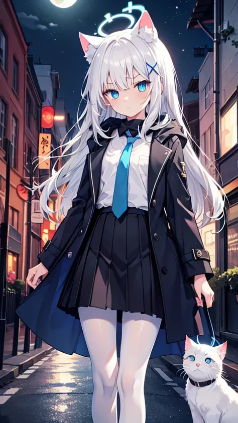 White pantyhose，White hair，Long hair，White cat ears，Heterochromia blue-red，Serious expression，Female face，There are bright spots in the eyes，flat chest，Gray-black coat，With a hood，blue halo，night，street，moon，