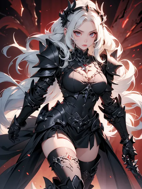 queen power armor , (gothic style), full body view , bellybutton, The most beautiful and sexy demon goddess, long white hair, glowing red eyes, wearing detailed black gothic battle armor, black angel wings, tattoos and piercings, gothic castle, perfect mas...