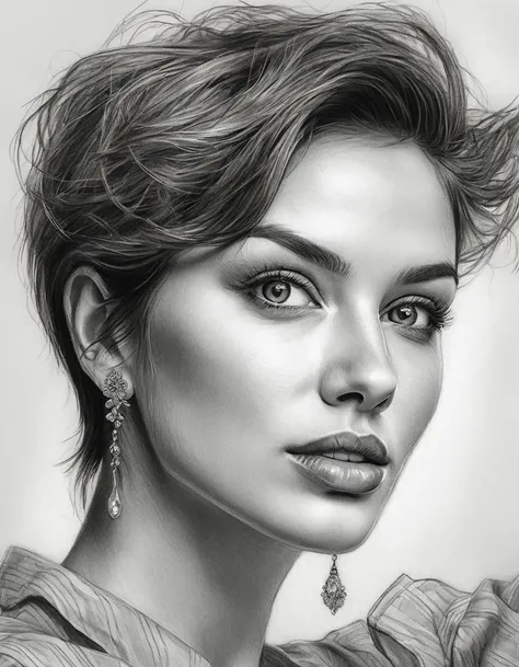 a drawing of a woman with short hair and simple earrings, detailed beauty portrait, detailed beautiful portrait, realistic penci...