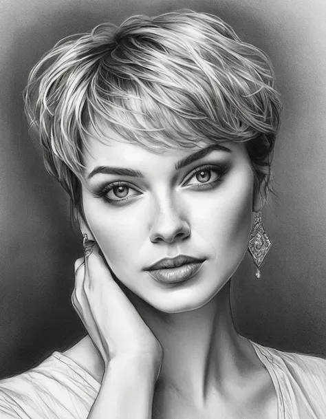 a drawing of a woman with short hair and simple earrings, detailed beauty portrait, detailed beautiful portrait, realistic penci...