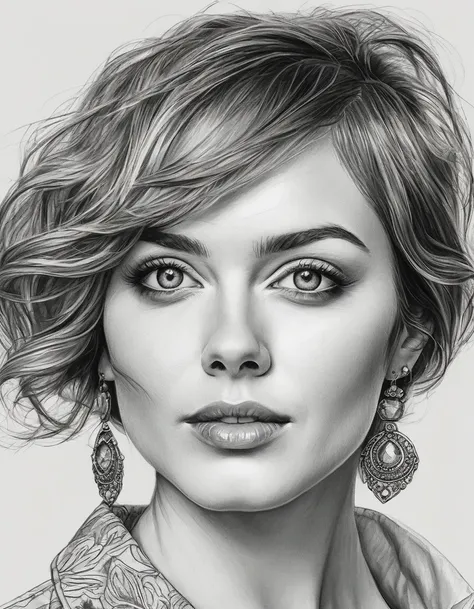 a drawing of a woman with short hair and simple earrings, detailed beauty portrait, detailed beautiful portrait, realistic penci...