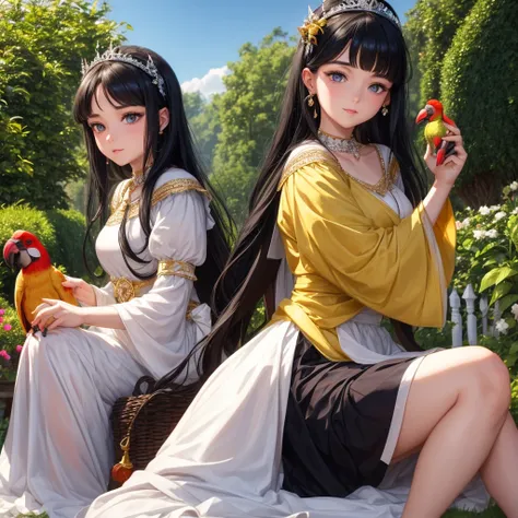 A beautiful princess with black hair, hazel eyes, and white skin. She is sitting in the garden, wearing beautiful clothes, and holding a parrot in her hand.