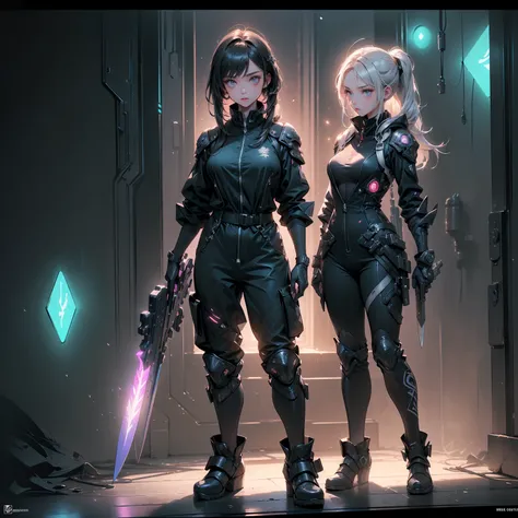 Design a layout showcase Gaming character, (1girl). Black+Silver clothes, sleek and modern, ((showcase weapon:1.4)), laser gun, (masterpiece:1.2), (best quality), 4k, ultra-detailed, (Step by step design, layout art:1.5), (neon lighting, cyber ambiance), c...