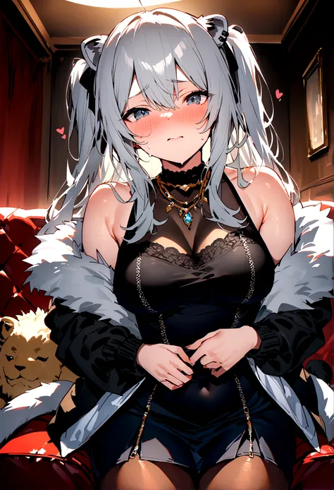 NSFW,masterpiece,Highest quality,High resolution,Super detailed,Shishirabotan(Hololive),Long Hair、Two Side Up、Earrings、Lion&#39;s Tail,necklace、Black Shirt、Sleeveless shirt、abdomen、See-through、Grey Skirt、片足pantyhose、pantyhose、fur-trimmed jacket、Black jacke...