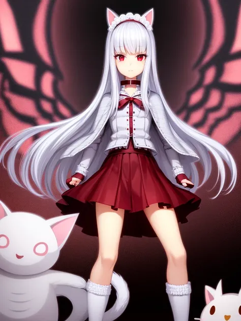 White silk knee socks，Short skirt，Boots，Lining，Big coat，White hair，Red eyes，Cat girl，small headdress