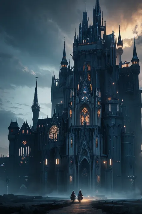 Dark fantasy fortress　Mechanized castle exterior　Gothic architecture meets cyberpunk　Dark Sky　Concept Art