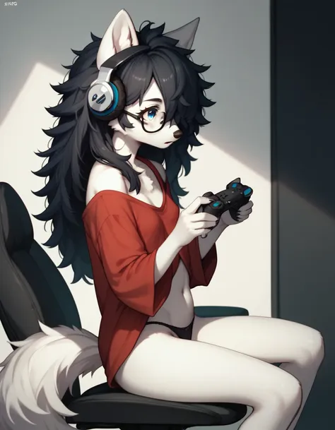 score_9,score_8_up,score_7_up, sierra, a young nerdy anthro furry wolf woman, white furry body, tall, long black messy hair, hai...