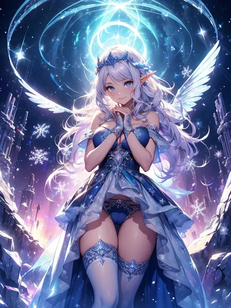 最high quality、Many snowflakes cover the background、最high quality、1 woman elf、Succubus、Stand against a wall(( cowboy shot ))((underwear))((beautiful underwear))、Lots of giant snowflakes、Beautiful eyes、tears、Raise your arms behind your head、Beautiful decorat...