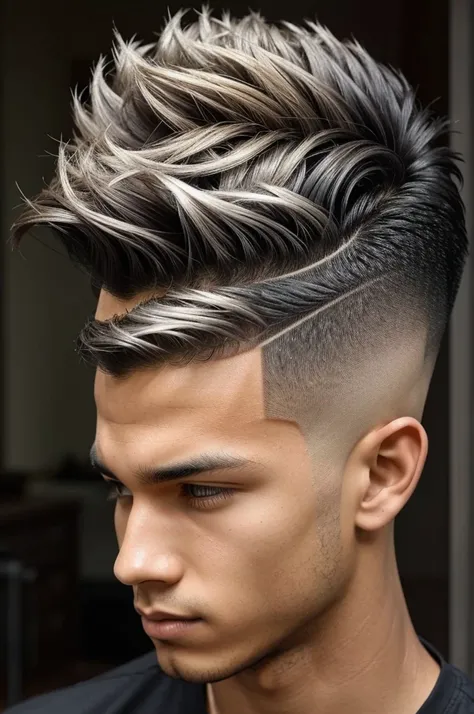 A boy with light skin and average height. His hair is short black on the sides and back, with slightly longer hair on top that is textured. The top part of the hair is cut in a way that creates a natural, tousled look with texture and some streaks of silve...