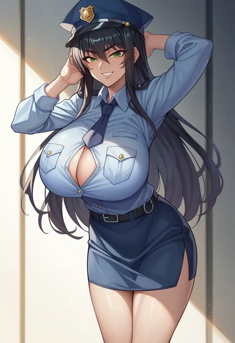 Taimanin Asagi、Asagi Igawa、Black Hair、Eyes are green、Long Hair、Huge breasts、An empty-headed police officer、smile、skirt、Tucked up