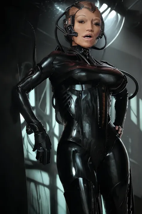 (tawny newsome:1.2), (black skin:1.2), (liquid metal girl full body
 sttldunf uniform:1.2), (Liquid Metal sttldunf uniform:1.2) being assimilated by  Borg, robotic, 
ballgag, leather catsuit, belt, lying, prisoner, (best quality,4k,8k,highres,masterpiece:1...